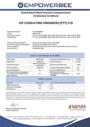 VIP Consulting Engineers B BBEE Level 1 Certificate